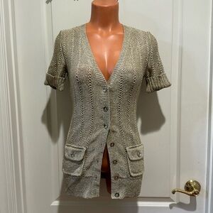 WHBM Elbow Sleeve Safari Girlfriend Long Cardigan Gold Metallic Button XS $125